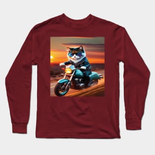 Cat with glasses riding a motorbike sunset Long Sleeve T-Shirt